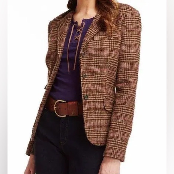 CHAPS Glen Plaid Houndstooth Wool Blend Brown Tan Tweed Blazer Size 6 - Picture 1 of 7